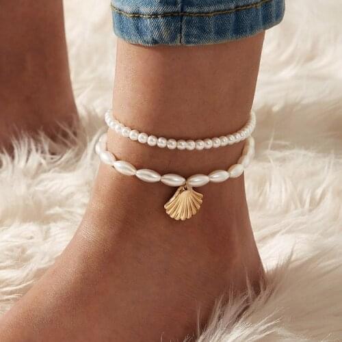 2 pcs/set Fashion Anklet Scallop Imitation Pearl On Foot Jewelry Ankle Bracelet For Women Birthday Gift Beah Accessories BFF