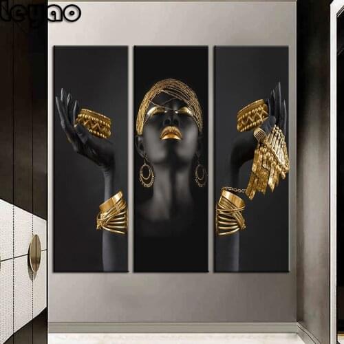 Large Black Woman With Golden Jewelry On The Hands Diamond Painting Full Square/Round Diamond Embroidery African Woman Art