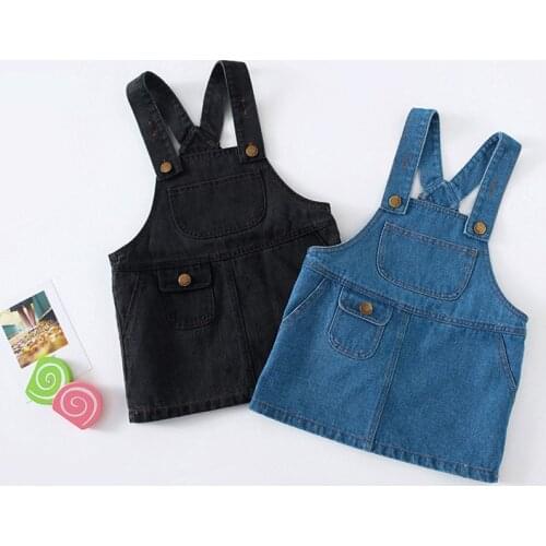 Fashion Kids Baby Girls Clothes Denim Strap Dress Overalls Suspender-dress Outfit Blue Black Princess Jeans Dresses Dropshipping