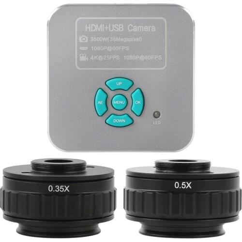 HDMI USB 1080P 36MP Electronic Industrial Video Microscope Camera + 0.5x 0.35x Trinocular Stereo Microscope C Mount Adapter Lens