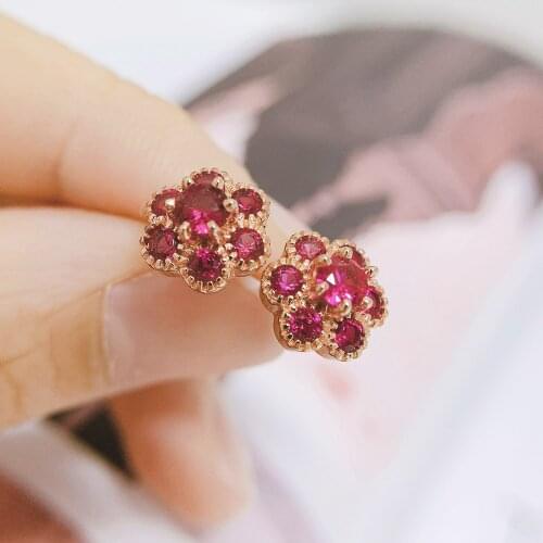 Crystal Flower Stud Earrings For Women Light Luxury Style Red Zircon Rose Gold Color Cute Gift Fashion Jewelry E134