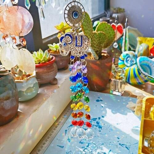 H&D Chakra Crystal Beads Suncatcher with Blue Evil Eye Elephant Decorative Protection Charm for Window Wall Hanging Ornament