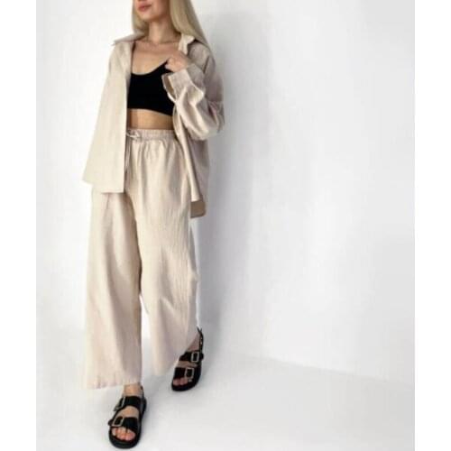 Holiwind 2021 Casual Woman Loose Shirt Suit Pyjamas Set Fashion Female Solid Long Sleeve Soft Suits Cotton 2 Piece Sets