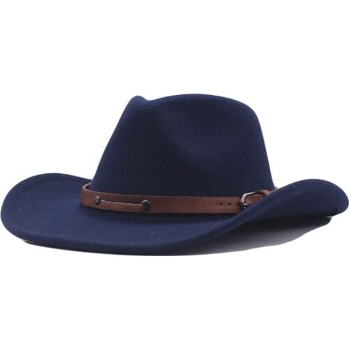Fashion Unisex Wool Blend Western Cowboy Cap Top Hat Outdoor Wide Brim Beach Hat Jazz Sombrero Godfather Cap Brown Belt