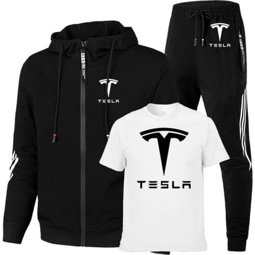 High Quality Casual Mens jackets Tesla car Logo Printing Spring Autumn Cotton Mens jacket + sweater + pants three-piece suit
