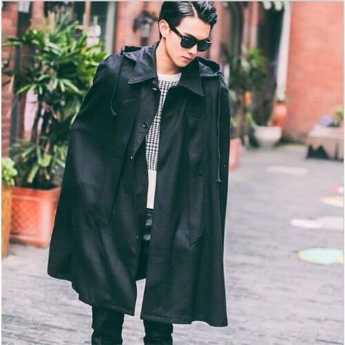 Mens Bat Hooded Woolen Coat Long Loose Windbreaker Men Trench Coat Men Sobretudo Masculino Gothic Gabardina Hombre Windbreaker