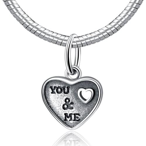 NBSAMENG 100% 925 Sterling Silver Bead Charm Lovers Heart You & Me Pendant Beads Fit Women Bracelets DIY Jewelry