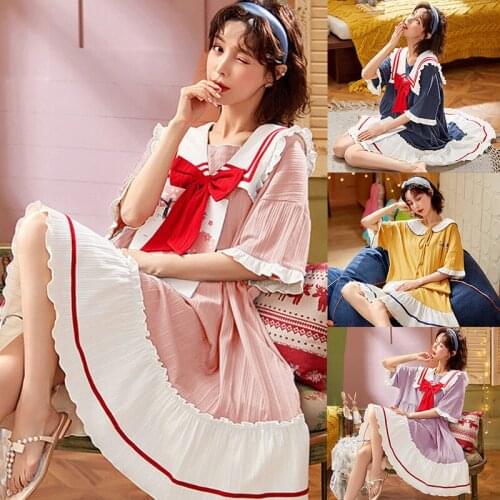 New Summer Home Princess Jk Japanese Sweet Robe Girl Cotton Nightdress Knee-Length Women Sleepwear Dress Slash Neck Nightshirt