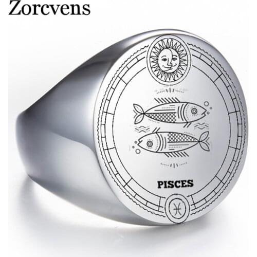 ZORCVENS New Fashion Punk Vintage Silver Color Stainless Steel Twelve Constellations Wedding Rings for Men Women Jewelry Gifts