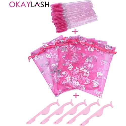 OKAYLASH Pink White Black Butterfly False Eyelash Packaging Bags with Lash Tweezers Clip Applicators Mascara Wands Brushes Sets