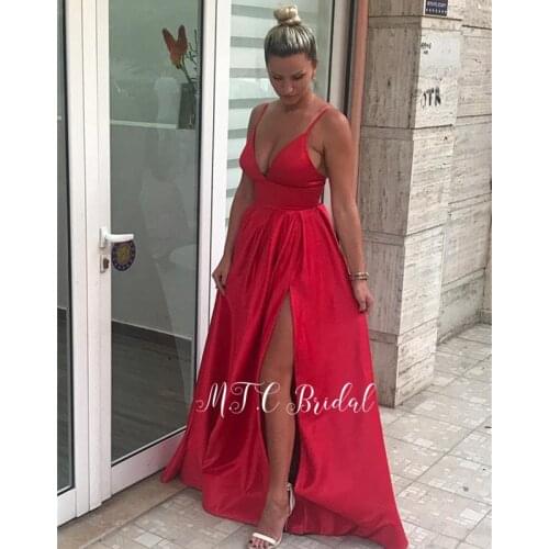 Sexy Red Evening Dresses 2019 High Slit Spaghetti Strap Sweetheart Long Women Party Dress Vestido De Fiesta Cheap