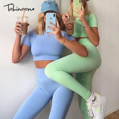 Tobinoone Casual solid outfits womens two piece suit Home tight sports tracksuits fashion slim leisure bicycle suit summer