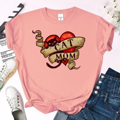 Short Sleeve Tops Cat Mom In Retro Heart Tattoo Style Tshirts For Women Casual Fashion Womens T Shirts Kpop Vintage Tee Shirt
