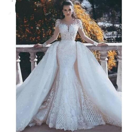 Vintage Mermaid Wedding Dresses Overskirts Detachable Train Lace Pearls Sheer Neck Long Sleeves Backless Bridal Dress
