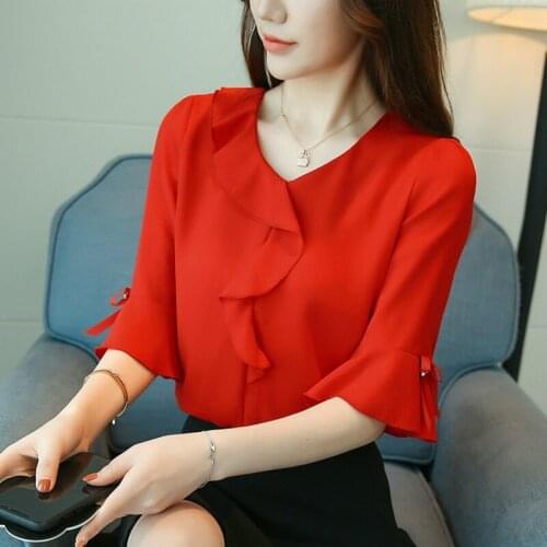 Women Spring Summer Style Chiffon Blouses Shirts Lady Casual Short Flare Sleeve O-Neck Blusas Tops ZZ0737