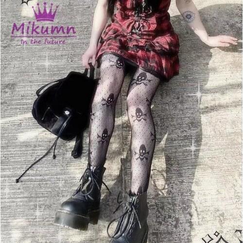 Harajuku Punk Women Black Skull Stockings Gothic Sexy Hollow Out Mesh See-Through Tights Pantyhose