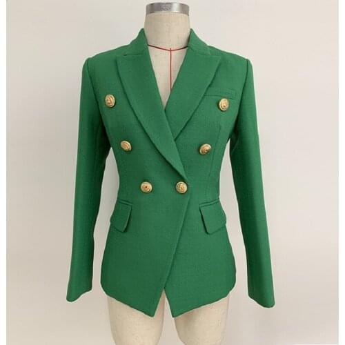 Free Shipping High Quality Olive Green Blazers Women Double Breasted Metal Lion Buttons Elegant Business Formal Outwear