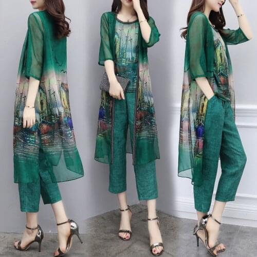 Big Size Casual Fashion Ensemble Femme Deux Pieces Chiffon Floral Print 3 Piece Set Women Elegant Wild Summer Costumes For Women