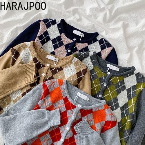 HARAJPOO Women Sweater Spring 2021 New Korean INS Retro Versatile Single Breasted Plaid Round Neck Long Sleeve Knitted Cardigan