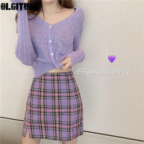 2020 Women Spring Summer Sweet Full Sleelve Knitted Hollow Out Cardigan and Plaid Spilt Slim A-Line Mini Skirt Women Sets