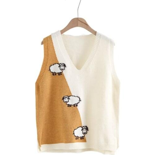 Cartoon Embroidery Women Sweaters Vest 2020 Winter V Neck Sleeveless Vintage Casual Ladies Knitted Pullover Casual Top
