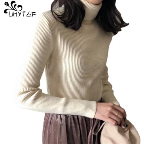 UHYTGF Autumn Winter Knit Sweaters Women White Knitted Pullover Sweater Female Long Sleeve Turtleneck Jumper Soft Pull Femme 963