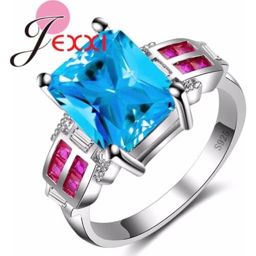Fine 925 Sterling Silver Jewelry for Wedding Engagement Women Best Elegant Finger Ring Red and Blue Clear CZ Crystal Ban