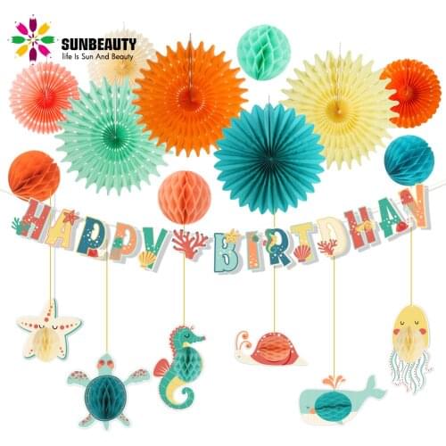 18pcs Kids Birthday Decoration Hanging Sea Animal Honeycomb Happy Birthday Banner Paper Fans for Baby Shower Party Supplies