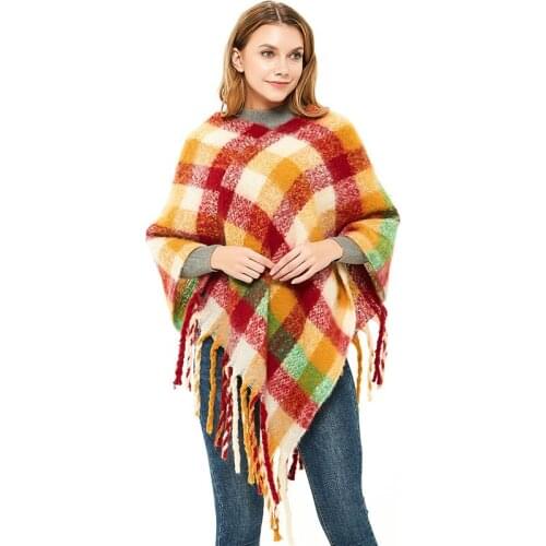 2020 New Autumn Winter Scarf loop yarn coarse tassel Fashion Brand Design small Plaid Cape Femme Poncho Women