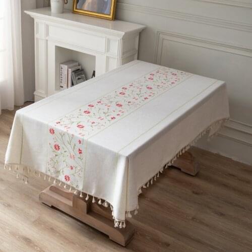 American Country Small Flower Polyester Linen Tassel Tablecloth Embroidered Table Cloth Tapete