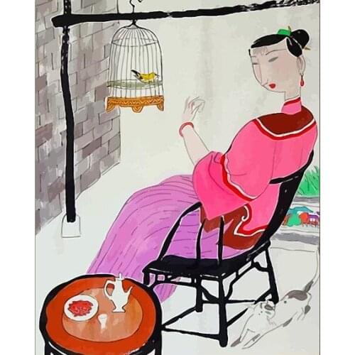Cioioil-X426 Ancient style character maid Qing Dynasty woman sitting on a chair classical abstract painting DIY oil painting by