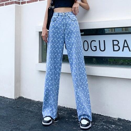 Fashion Printed Jeans Woman Streetwear High Waist Wide Leg Jeans For Women Plus Size Denim Pants Trousers Jean Femme