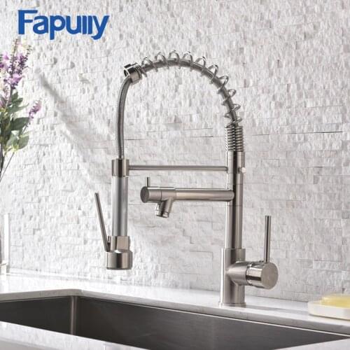 Fapully Pull Down Spring Kitchen Faucet Double Sprayer Rotate Swivel Chrome Vessel Sink Basin Faucet Water Tap Mixer 191-33C-45