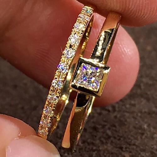 18K Au750 Yellow Gold Women Wedding Party Engagement Ring 0.3 Carat Square Princess Moissanite Diamond Ring Bridal Sets 2 Loop