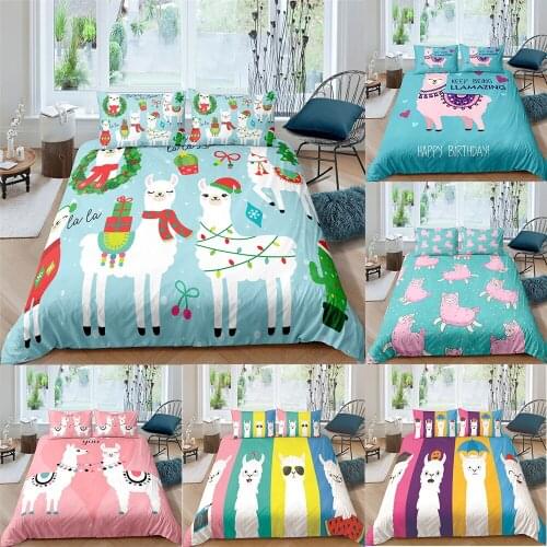 Cartoon Alpaca Kids Bedding Set Girls Duvet Cover Set Love Heart Quilt Cover Home Textiles King Single Queen Size Dropship