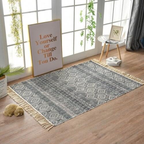 Hand Knitting Carpet Large Area Rectangle Print Macrame Non-slip Living Room Bedroom Simple Decoration Cotton And Linen Rug