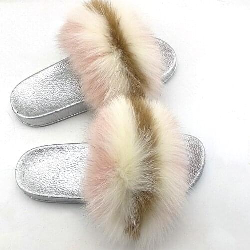 Summer Real Fox Fur Slippers Silver Color Sole Home Furry Flat Sandals Female Cute Fluffy Slippers Indoor Wearing Sandals TX05