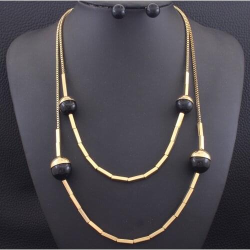 Fashion Sweater Chains Gold Color Necklace Round Ball Pendant & Stud Earrings Stainless Steel Jewelry Sets For Women SEDZAZDA