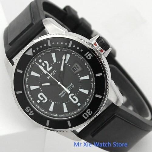 Bliger 43mm Black Dial Automatic Mens Watch Luxury Brand Luminous Waterproof Rubber Strap Calendar Mechanical Wristwatches Men
