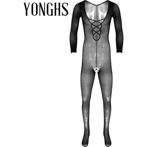 Mens Lingerie Sexy Crotchless Pantyhose See Through Sheer Halter Neck Hollow Out Stretchy Tights Full Body Pantyhose Stocking