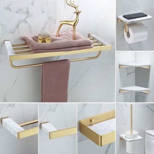 Bathroom Accessories Set Brushed Gold Bathroom Shelf,Towel Rack,Towel Hanger Paper holder,Toilet Brush Holder Marble and Brass