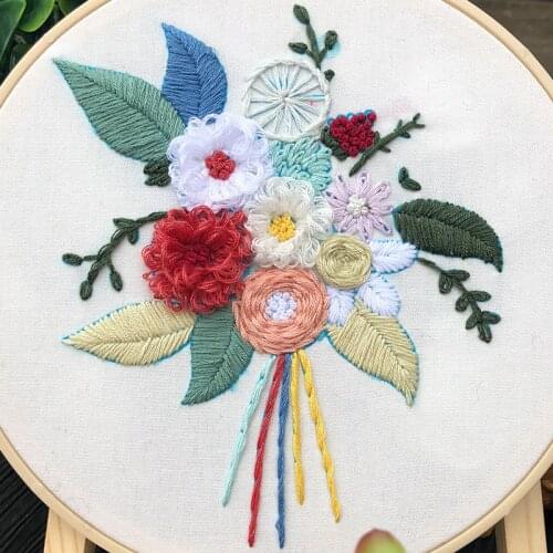 3D European-style Flowers Embroidery Kit DIY Embroidery Ribbon Set Beginners With Embroidery Shed Sewing Craft Kit With Hoop