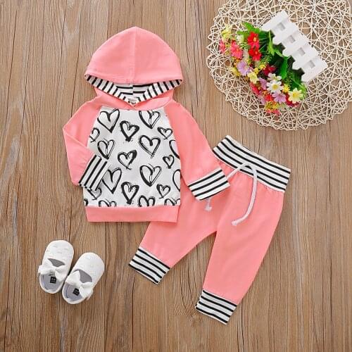 PatPat 2020 New Arrival Autumn and Spring Baby Girl Heart Print Hoodie and Striped Pants Set Baby Toddler Girl Sets Baby Clothes