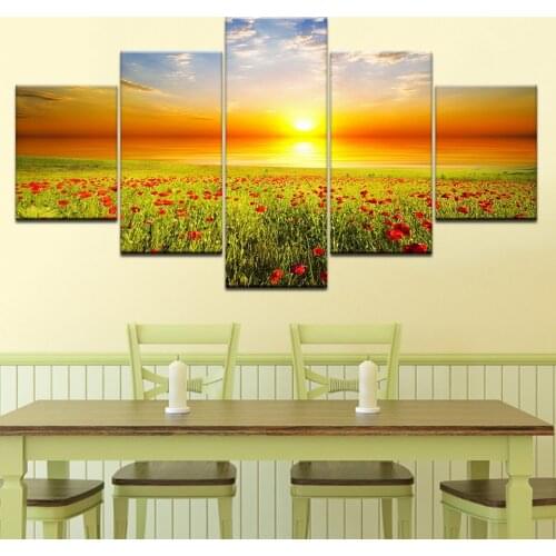 Autumn wheat field and sunset landscape 5 Panels HD Print Wall Art modern Modular Poster art Canvas painting Home Decor