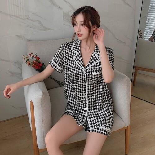 Summer fashion Houndstooth shorts pajamas sets women sleepwear Korean satins ice silk plaid women pyjamas