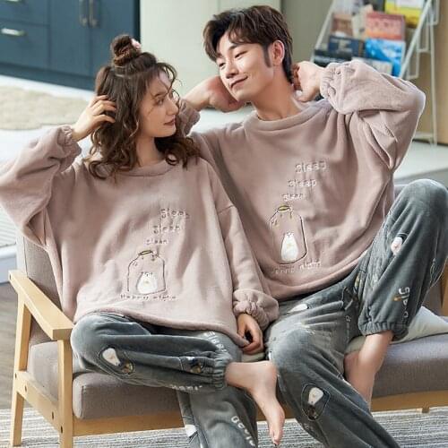 Cartoons Coupless Pajamas Sets Fall Winter Thick Flannel Homewear Warm Soft Lounge Mens Clothing Female Plus Velvet Sleepwear