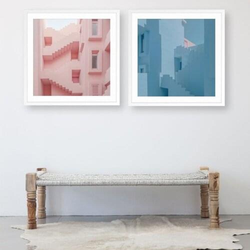 Modern Pink Stairs Blue Building Wall Art Canvas Painting Nordic Posters And Prints Wall Pictures For Living Room Pop Art Decor