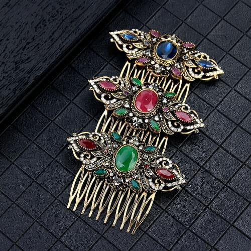 Sunspicems Vintage Turkish Crown Hairwear Hair Combs Headdress for Women Retro Gold Color Boho Ethnic Flower Jewelry Bride Gift