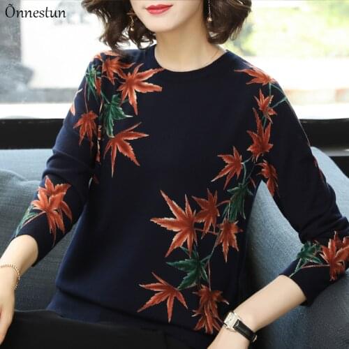 Maple Printed Sweater Autumn Spring Fashion Women Clothing Pullover Pull Femme Long Sleeve Elasticity Elegant Sweater For Women