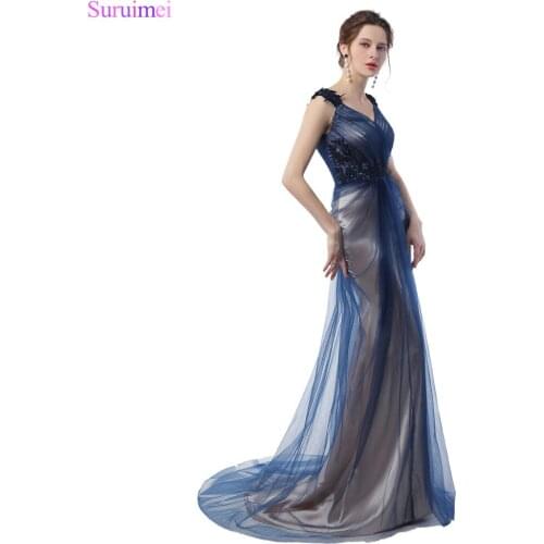 Unique Contrast Color Mermaid Prom Dresses with Applique Spaghetti Straps Champagne Color and Royal Blue Formal Grils Prom Gown